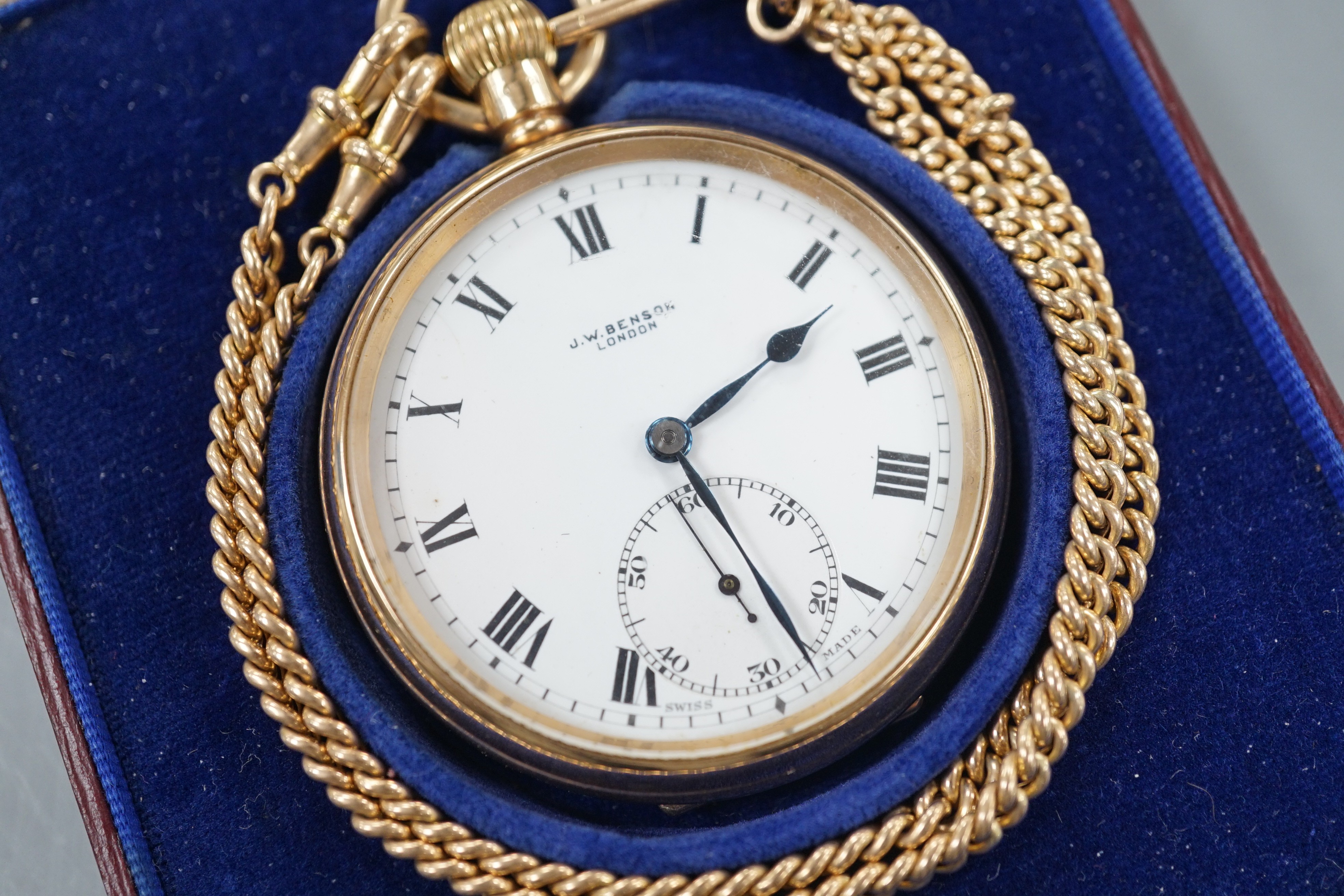 A 9ct gold J.W. Benson open face keyless pocket watch, case diameter 50mm, gross weight 88.8 grams, in J.W. Benson fitted box, on a 9ct albert., 11.8 grams.